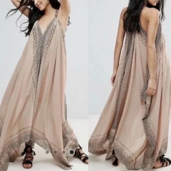 Free People Merida Printed Beaded Maxi Handkerchief Flowy Boho Festival Dress - Picture 6 of 8